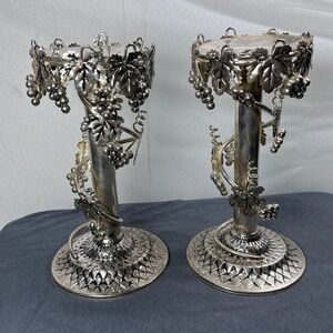 Studio Silversmiths Silver Plated Grape Vine Pillar Candle Holders 9.5" Ornate